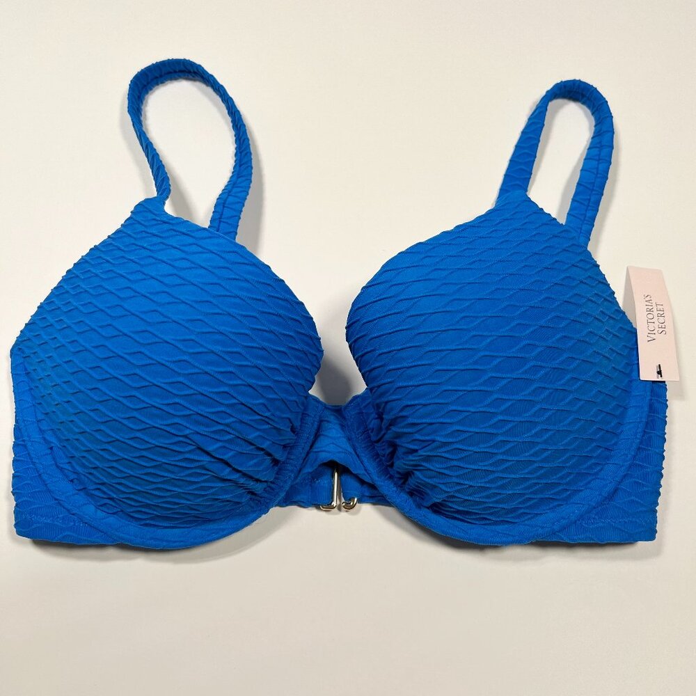 Victoria Secret 38DD ICON Push Up Bikini Top Underwire Textured Blue